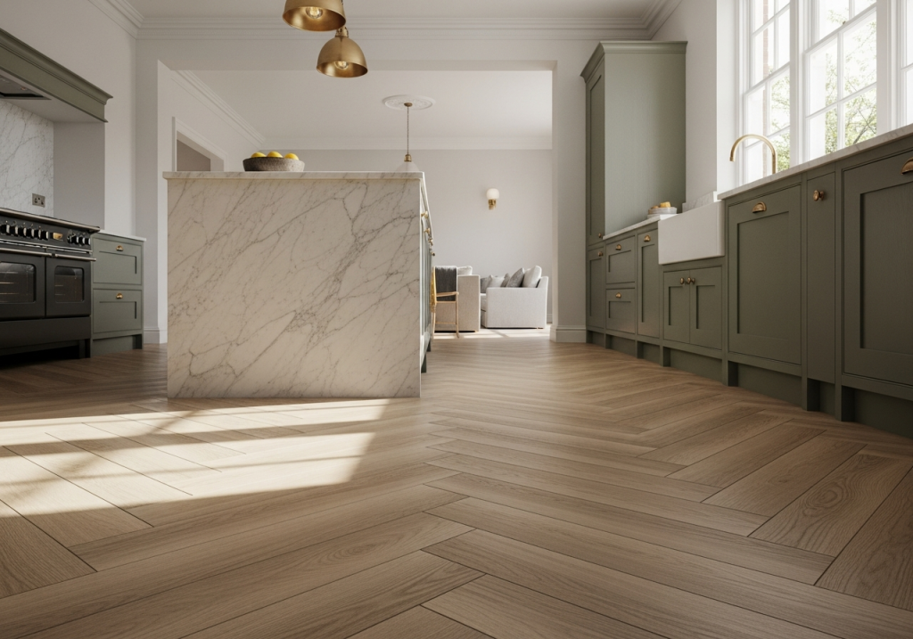 Mid-oak herringbone luxury vinyl tile floor in a contemporary Hampshire kitchen with a Calacatta marble island and sage green shaker cabinetry.
