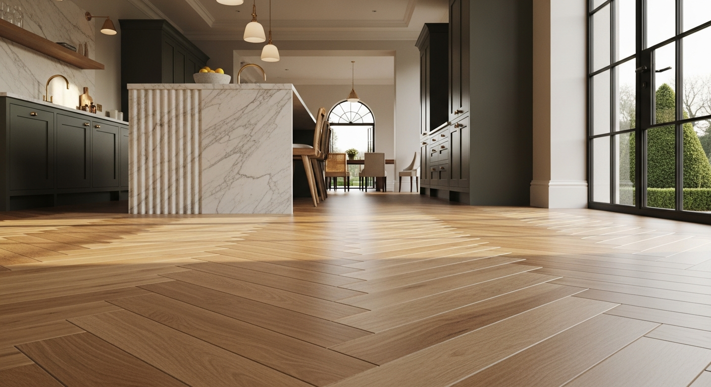 Mid-oak chevron herringbone hardwood floor installed in a contemporary luxury kitchen with a Calacatta marble island, dark green shaker cabinetry and brass pendant lights.