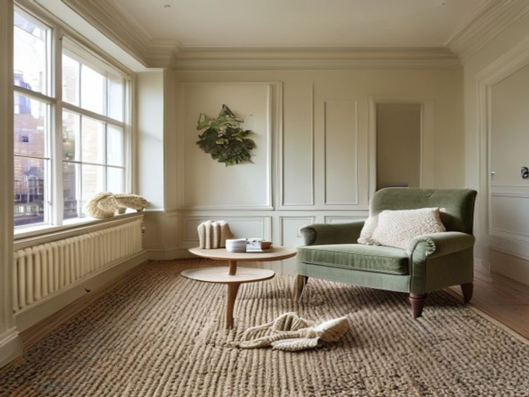 Plush oat-beige wool carpet fitted wall to wall in a Victorian front living room with morning bay-window light.
