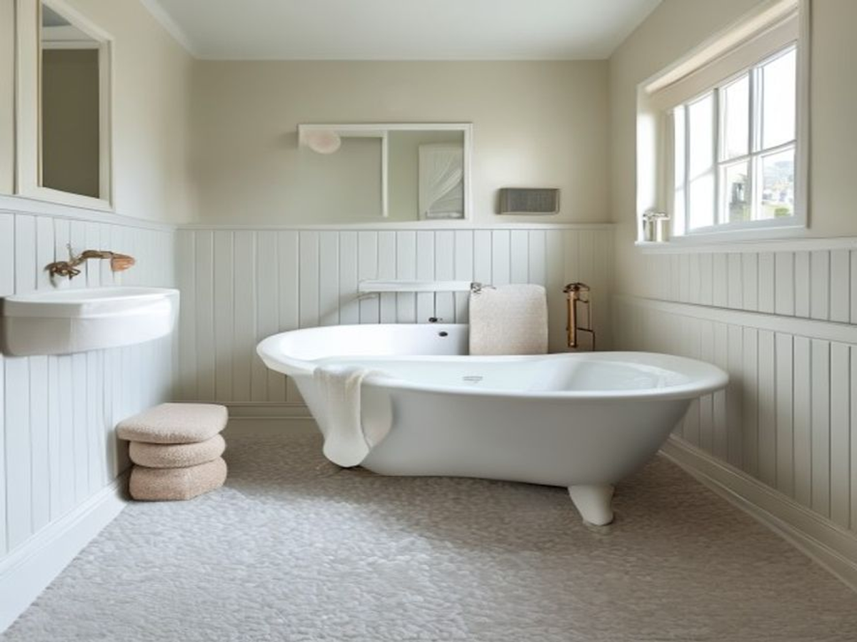 Soft stone-effect sheet vinyl flooring fitted wall to wall in a bright 1930s family bathroom.