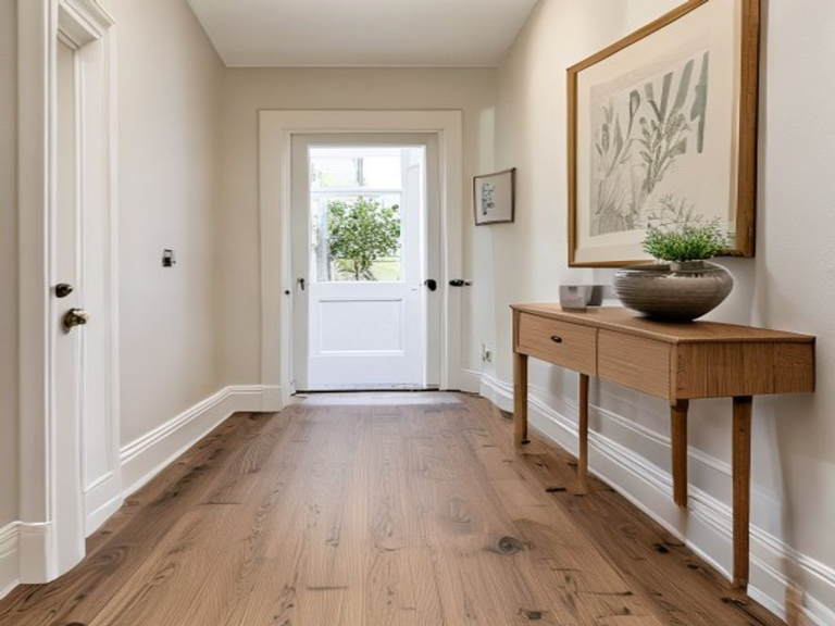 Natural mid-oak laminate plank flooring fitted in the hallway of a modern semi-detached home.