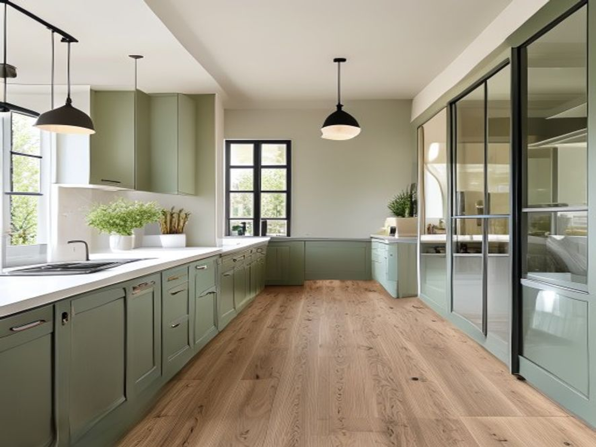 Mid-oak luxury vinyl tile plank flooring in a contemporary sage-green kitchen-diner with a Crittall-style glazed partition.