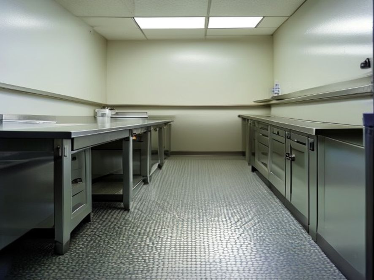 Pale-grey slip-resistant safety vinyl flooring with hygienic coved skirting in a clean commercial prep room.