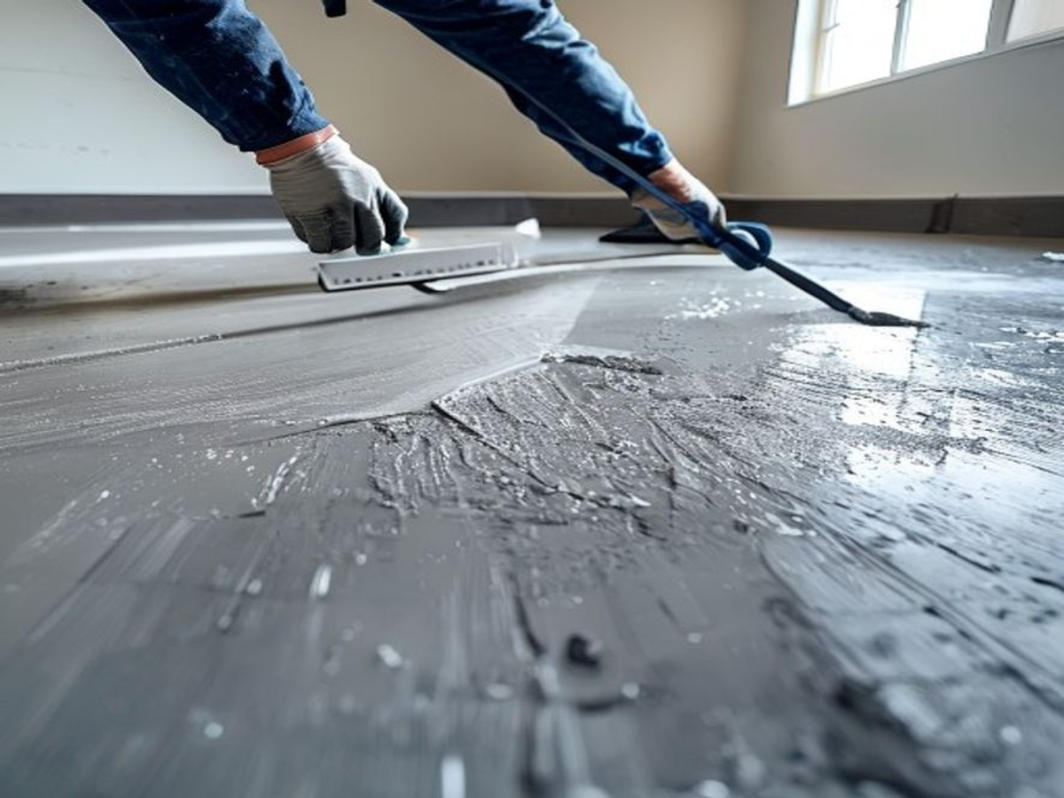 A gloved hand pulling a steel trowel across freshly poured self-levelling compound on a concrete subfloor.